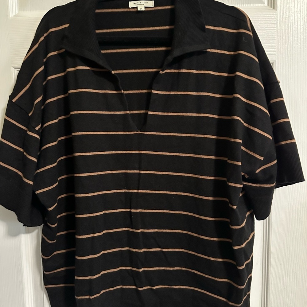 Max Studio Johnny Collar Stripe Knit Polo Sweater - Picture 3 of 10